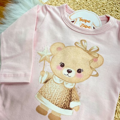 Conj. Body Manga Longa Ursinha, Saia e Faixinha em Plush - Rosa